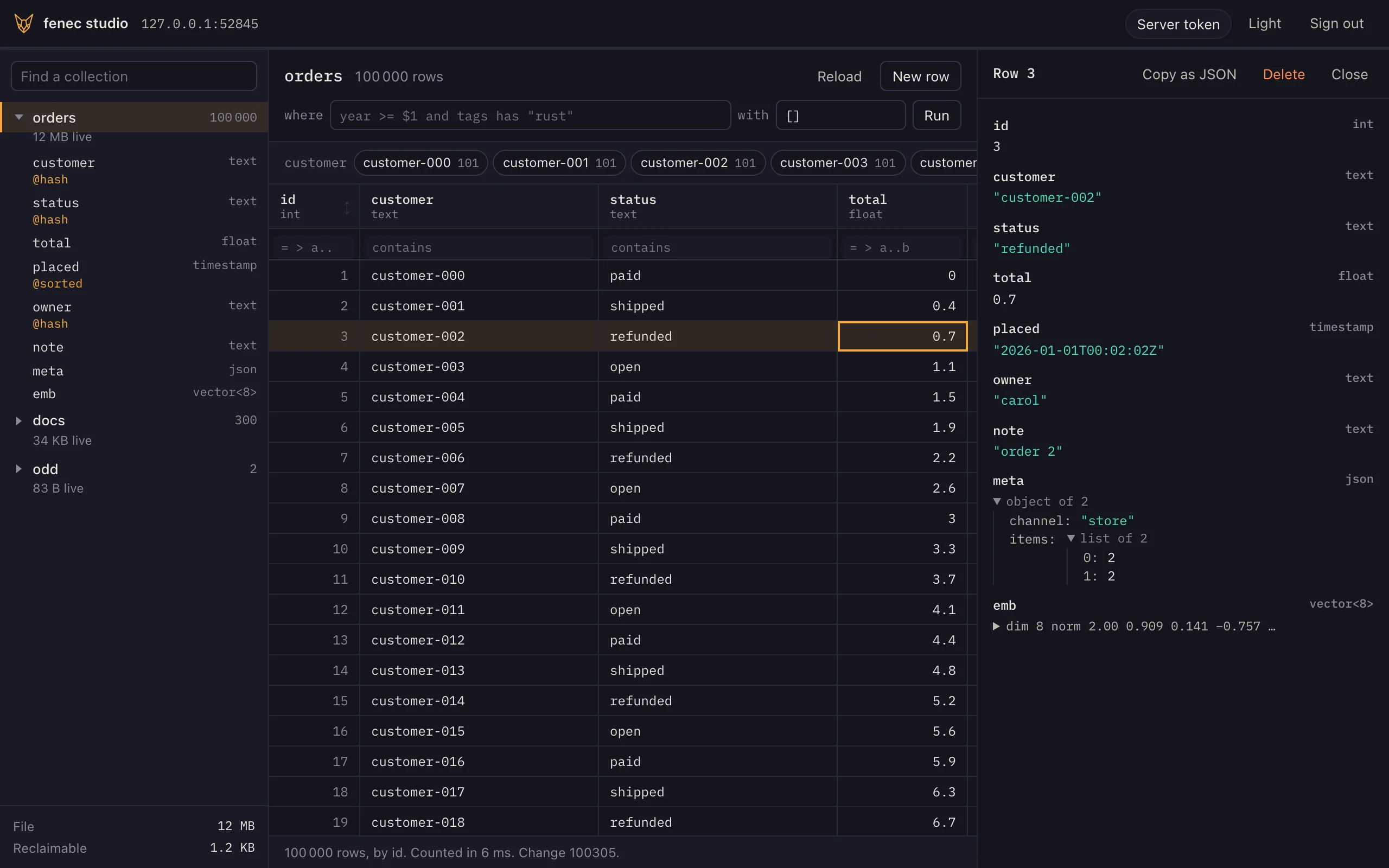 fenec studio: the collections on the left with their row counts and a collection's fields and indexes, 100 000 orders in a grid with counts by status and owner above it, and one row unfolded on the right, its json field as a tree and its vector summarised